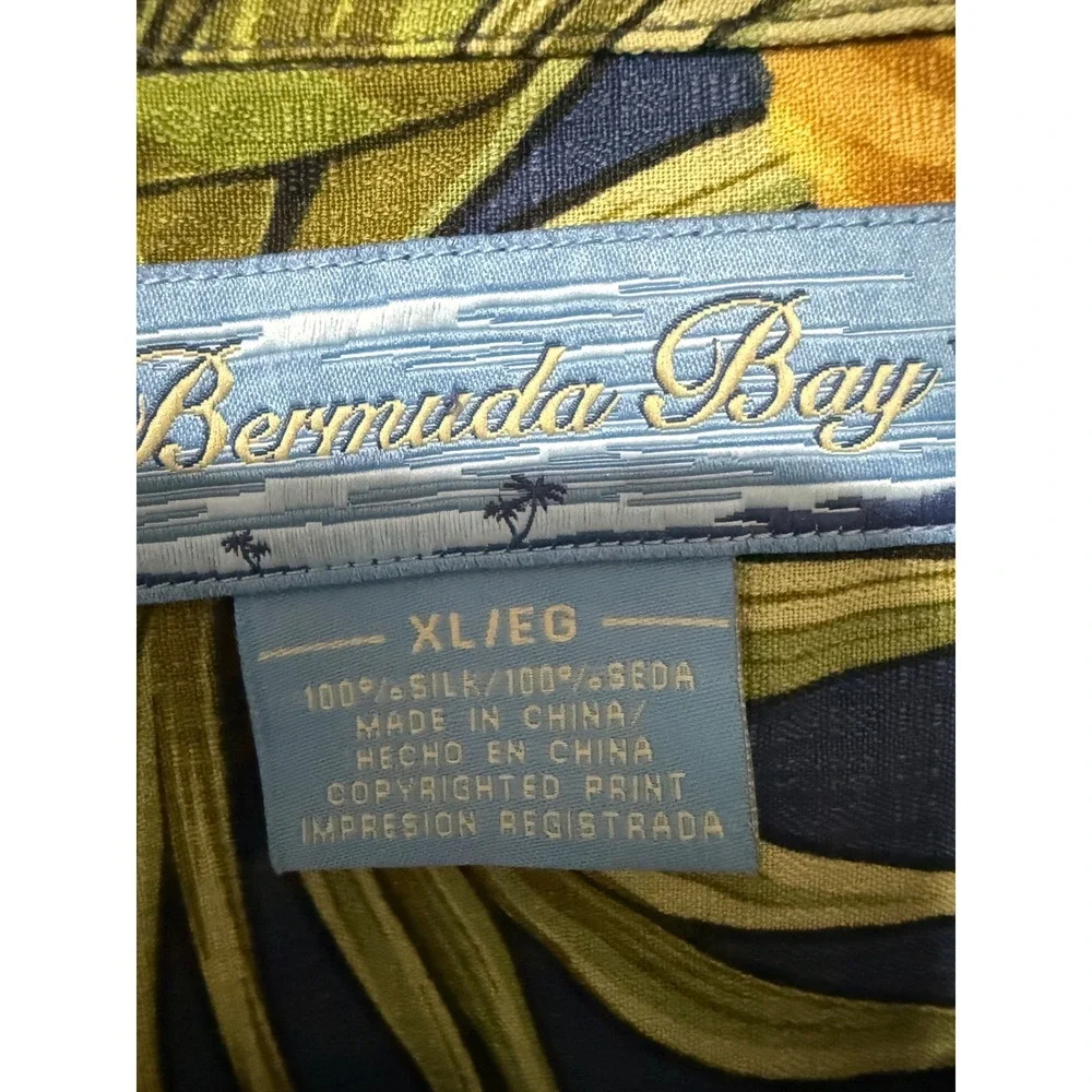 Bermuda Bay Mens XL Silk Hawaiian Shirt Floral Hibiscus Palm Leaf Navy Orange - Picture 5 of 5